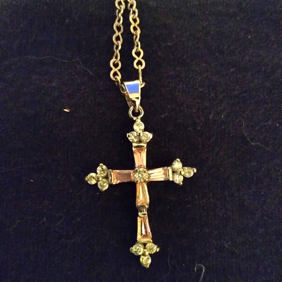 Jewelry - Pink crystal cross necklace SS chain